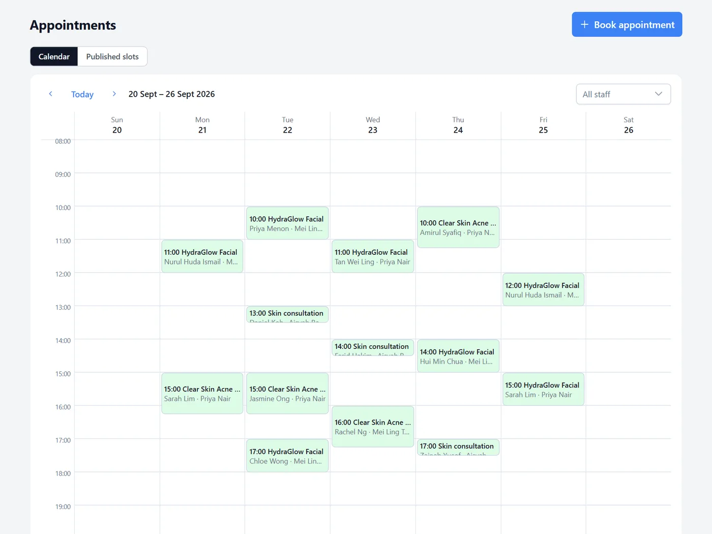 Omnio Appointments week calendar for a skincare studio: HydraGlow facials, acne facials, and skin consultations booked across three therapists from Monday to Thursday