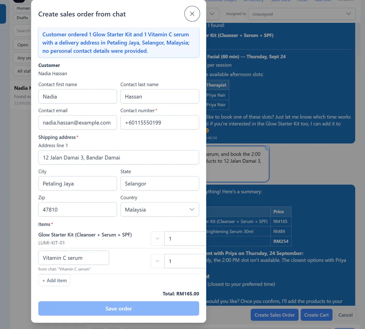 The Create sales order from chat dialog in Omnio Live Chat: an AI rationale, the customer's contact details and a Petaling Jaya shipping address parsed from the conversation, and a Glow Starter Kit line matched to the catalog
