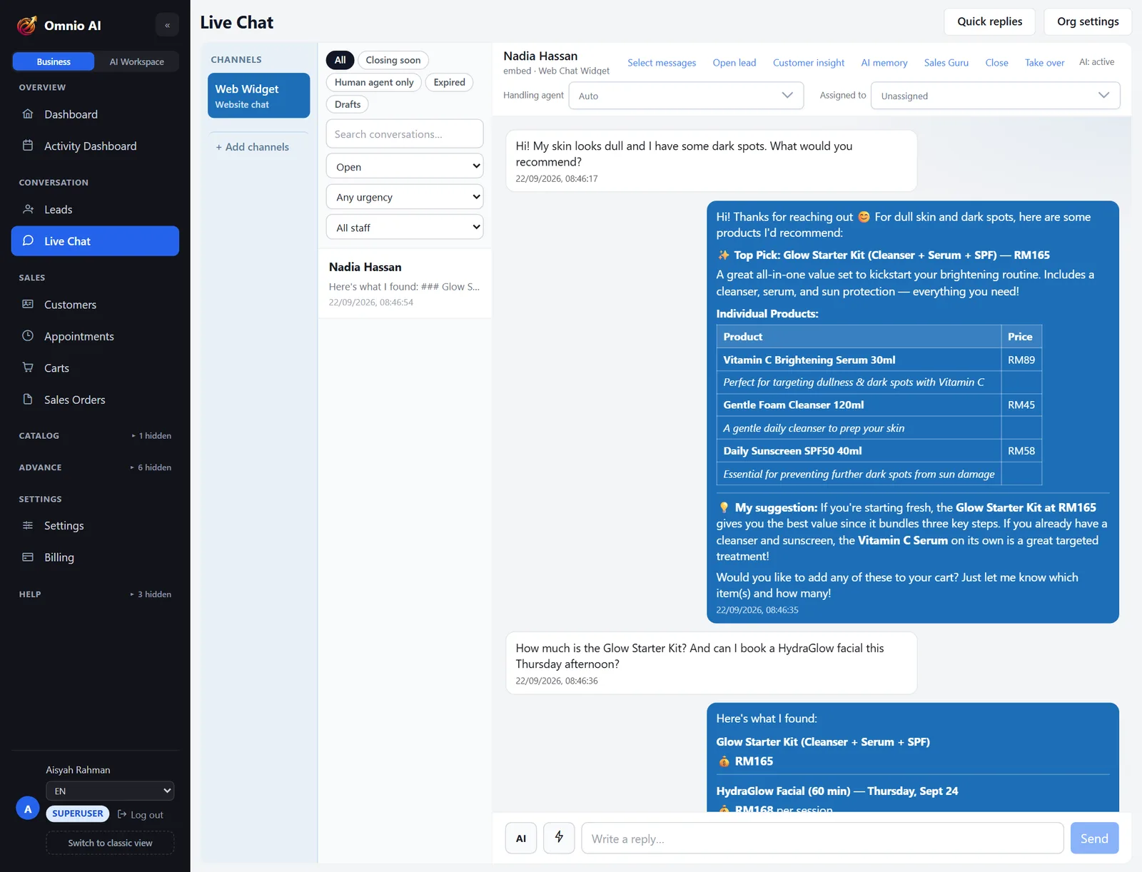 Omnio Live Chat: a web-chat visitor asks about dull skin and a Thursday facial; the AI agent replies with real catalog prices in a table and offers two genuinely open afternoon slots with the therapist's name