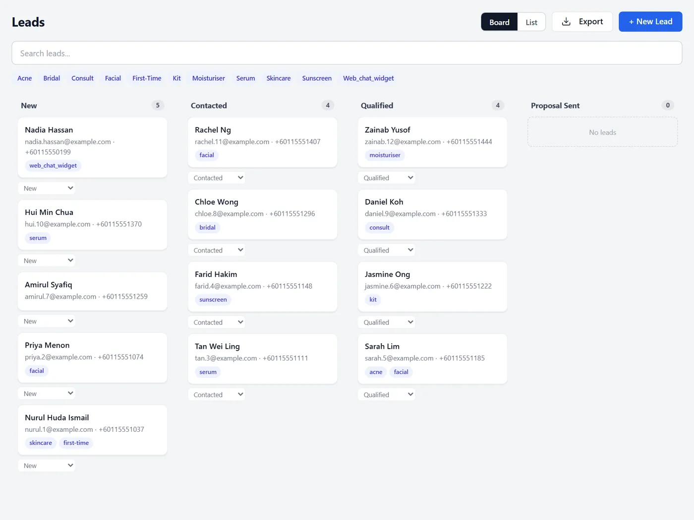 Omnio Leads board with New, Contacted, Qualified, and Proposal Sent columns, each lead card showing tags such as facial, serum, and web_chat_widget