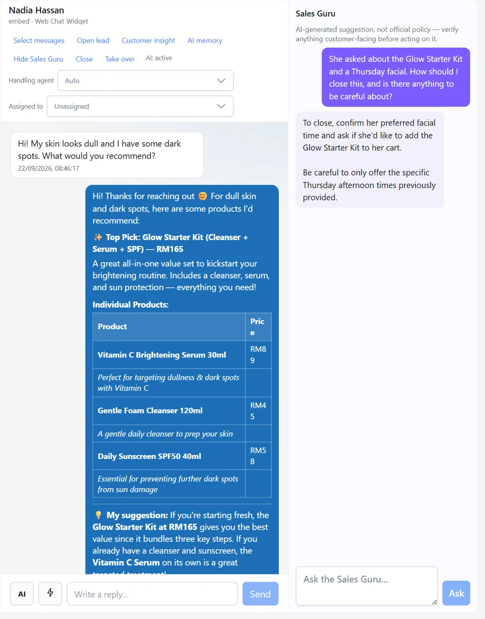 Omnio Live Chat with the Sales Guru side panel open: a staff question about closing the sale and the AI's answer grounded in the customer's conversation